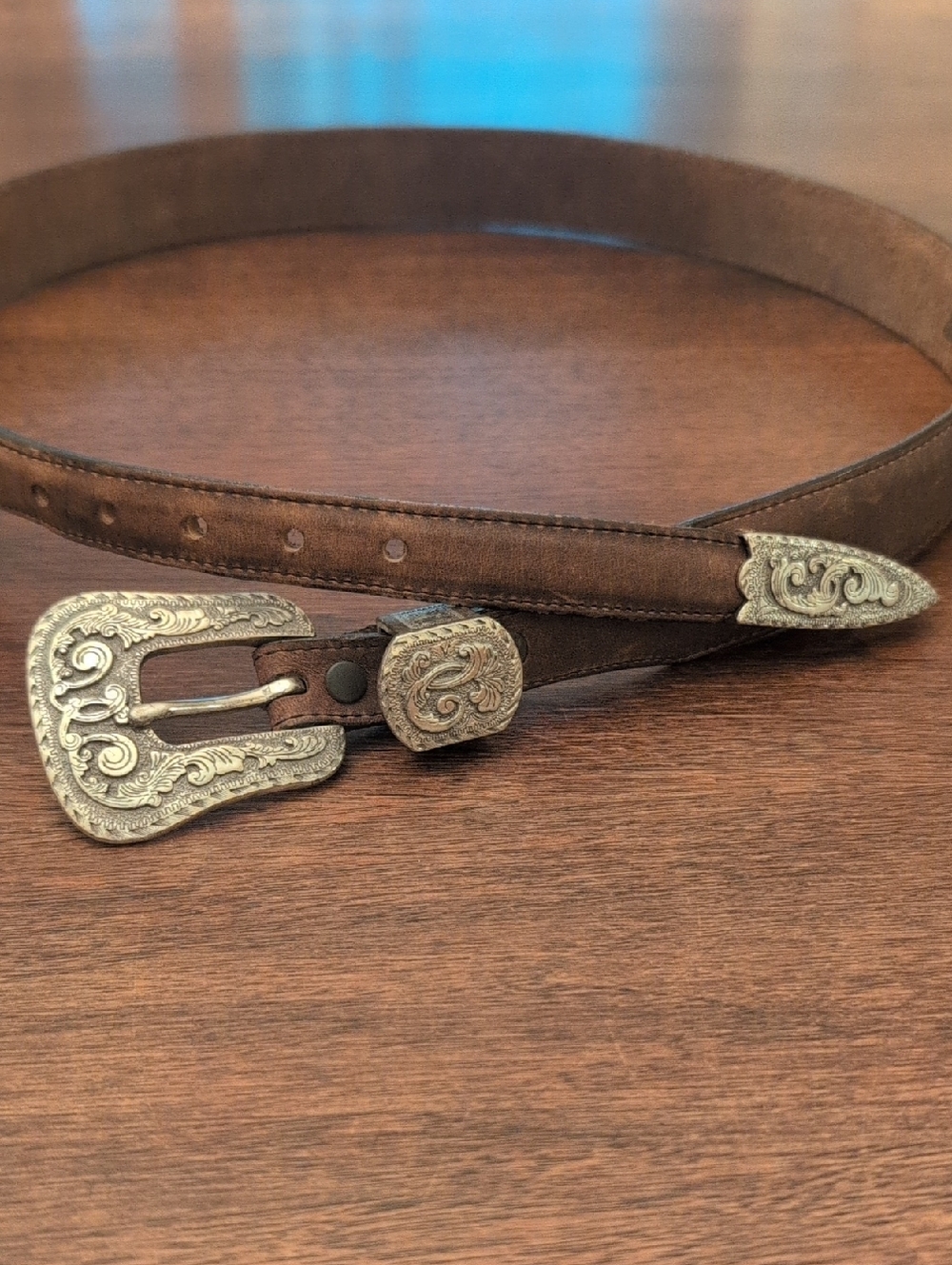 Vintage Brown Leather Western Belt with Silver Buckle 1993 Justin Leather